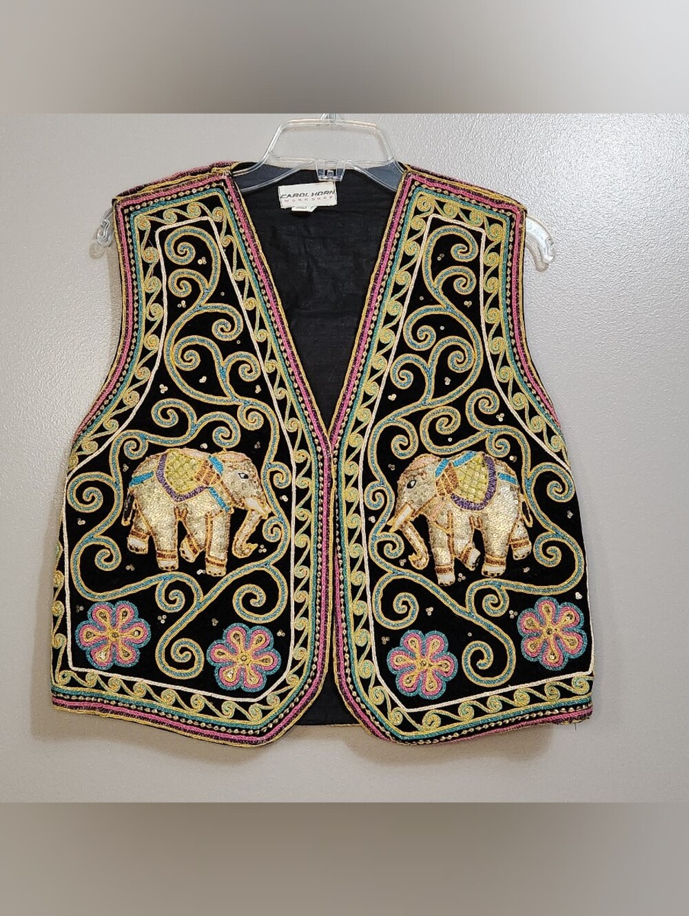 Vintage Carol Horn Embroidered Black Ethnic Elephant Accent Vest